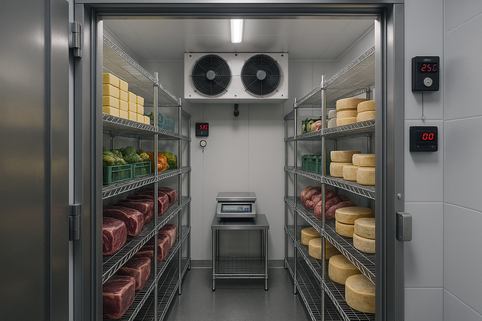Intérieur d'une chambre froide professionnelle parfaitement organisée avec rayonnages garnis de produits d'exception et instruments de mesure digitaux.