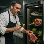 Chef gastronomique vérifiant une armoire froide professionnelle garnie de produits haut de gamme en cuisine de restaurant étoilé.