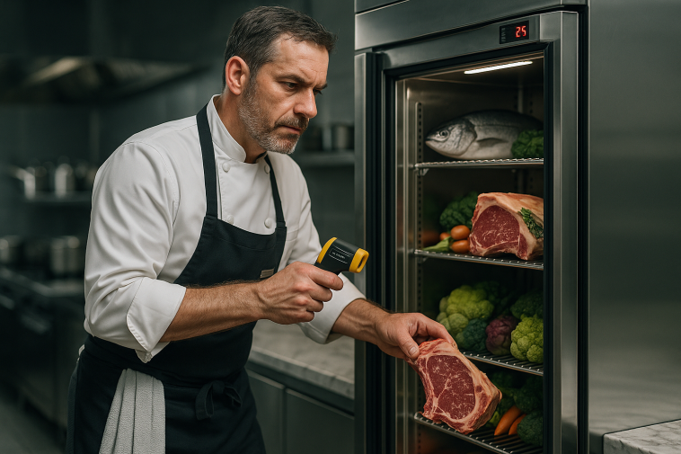 Chef gastronomique vérifiant une armoire froide professionnelle garnie de produits haut de gamme en cuisine de restaurant étoilé.