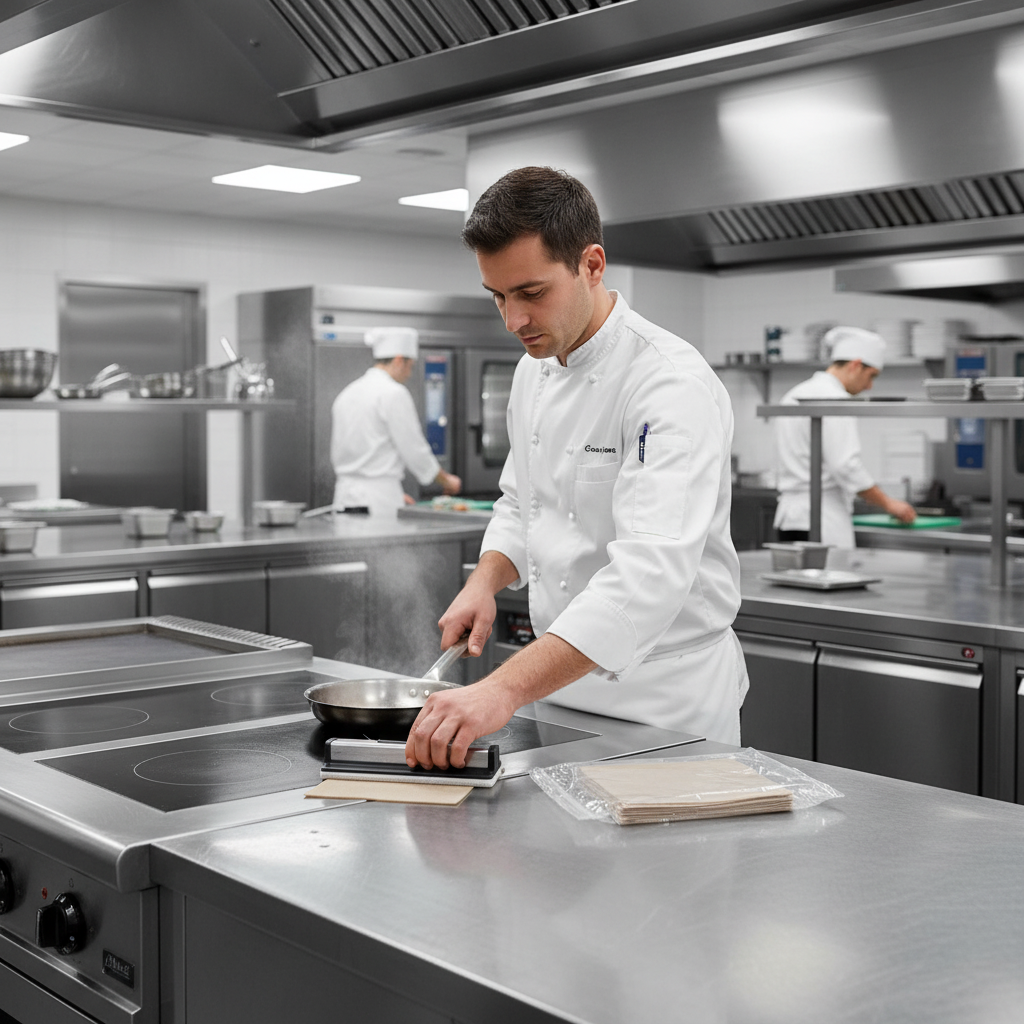 Chef professionnel utilisant un tampon d’essuyage Krampouz sur une crêpière en cuisine moderne