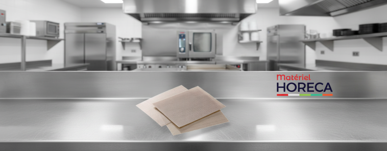 Chef professionnel utilisant un tampon d’essuyage Krampouz sur une crêpière en cuisine moderne