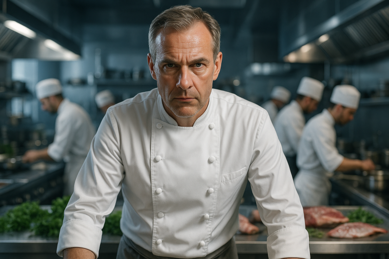Chef gastronomique supervisant une grande brigade dans une cuisine moderne et équipée, ambiance professionnelle et dynamique.