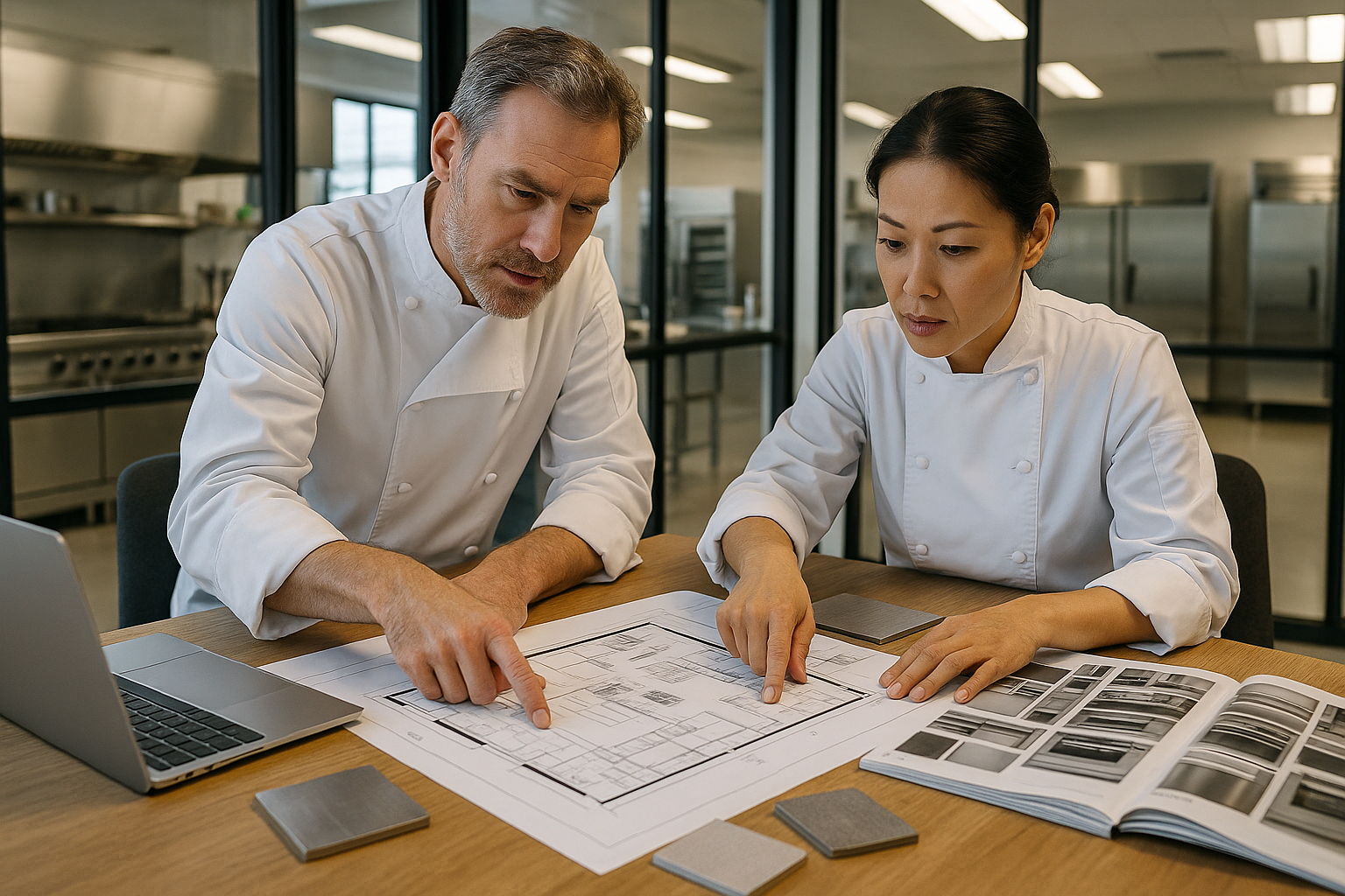 Chefs consultant des plans d'agencement de cuisine gastronomique, environnement professionnel et organis&eacute;