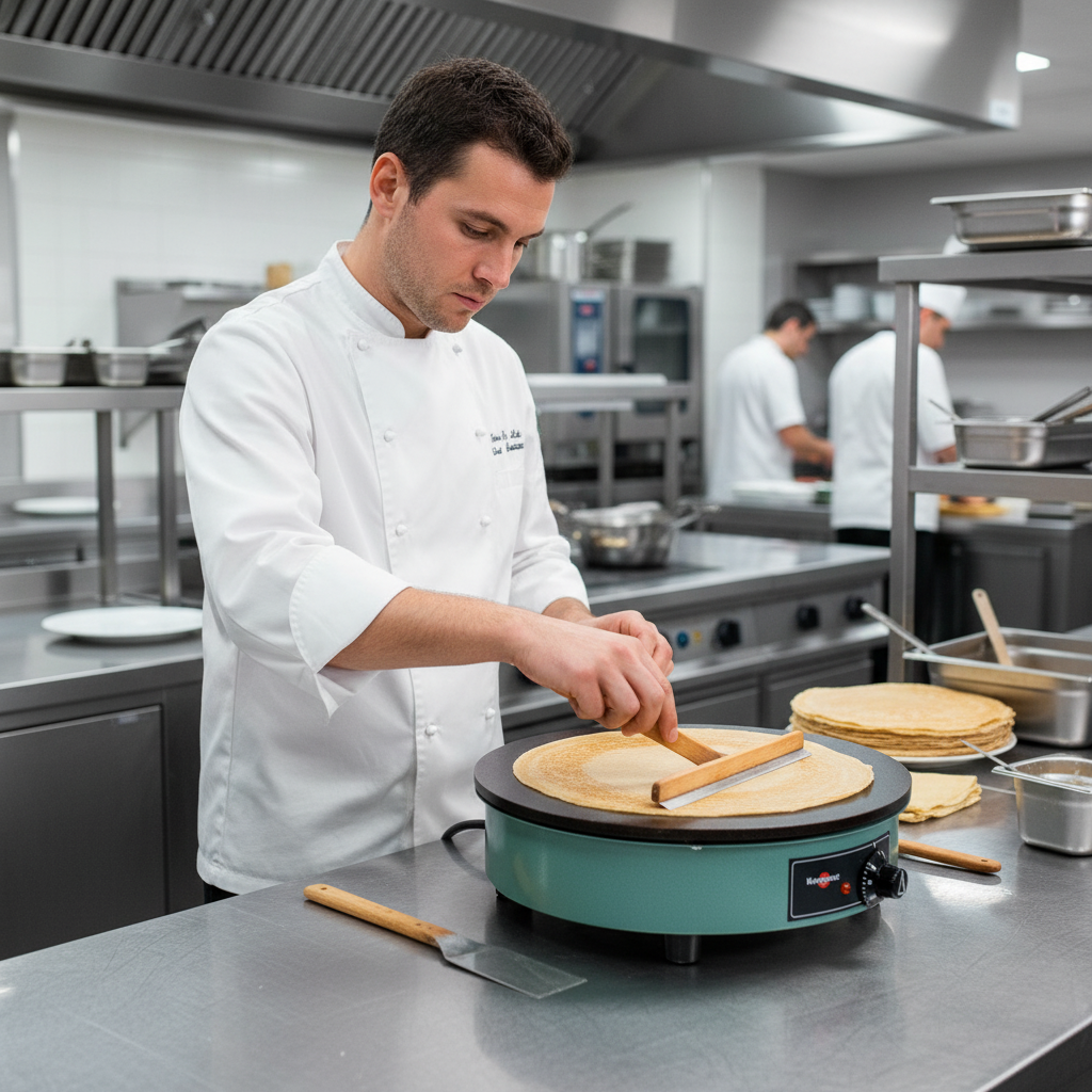 Crêpière Krampouz Billig professionnelle Ø 400 mm sur plan de travail moderne, vapeur apparente, ambiance haut de gamme.