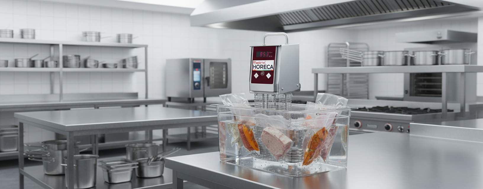 Chef professionnel surveillant un cuiseur sous-vide Diamond HOT-BLOC/N dans une grande cuisine inox.