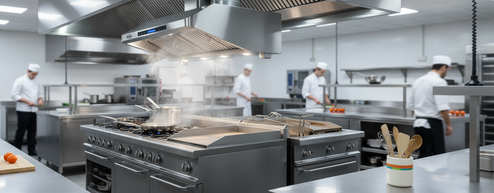 Hotte aspirante professionnelle 900 mm en inox dans une cuisine pro, &eacute;clat dramatique et vapeur aspir&eacute;e