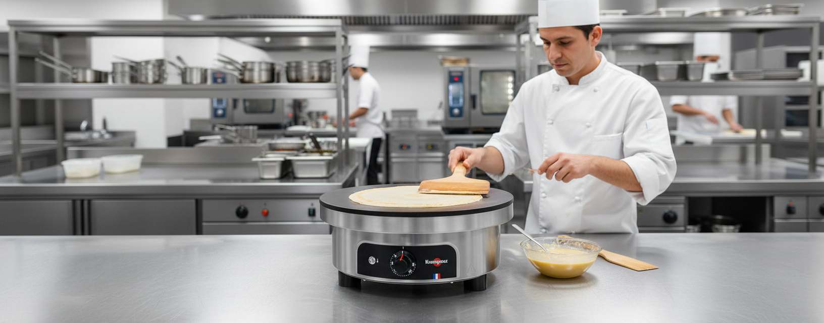 Crêpière professionnelle Krampouz mise en scène en cuisine restaurant, ambiance premium