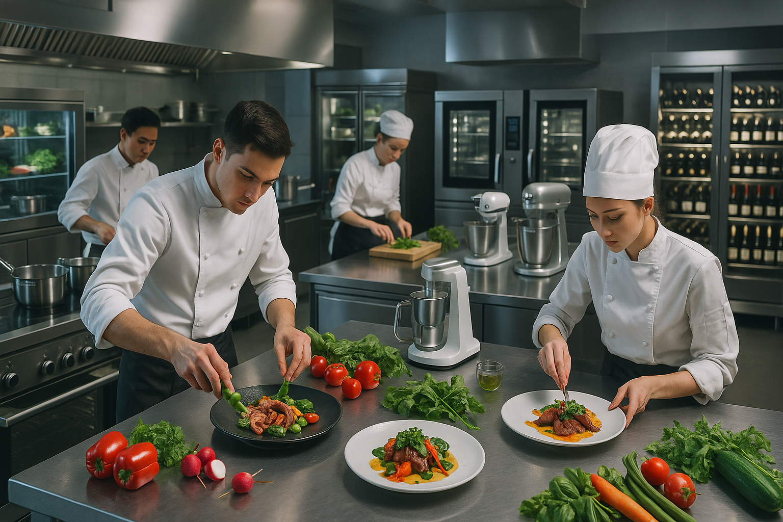 Vue panoramique d’une grande cuisine gastronomique high-tech avec équipements professionnels et brigade en pleine production.