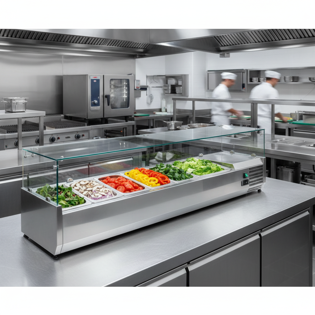 Vitrine r&eacute;frig&eacute;r&eacute;e &agrave; ingr&eacute;dients 1500 GN 1/3 dans une cuisine professionnelle avec chef en action