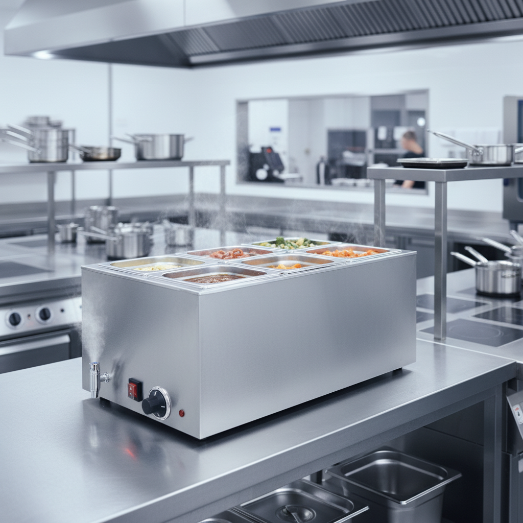 Bain-marie professionnel GN 1/1 inox avec robinet de vidange, vapeur s'échappant, cuisine haut de gamme