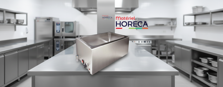 Bain-marie professionnel GN 1/1 inox avec robinet de vidange, vapeur s'échappant, cuisine haut de gamme