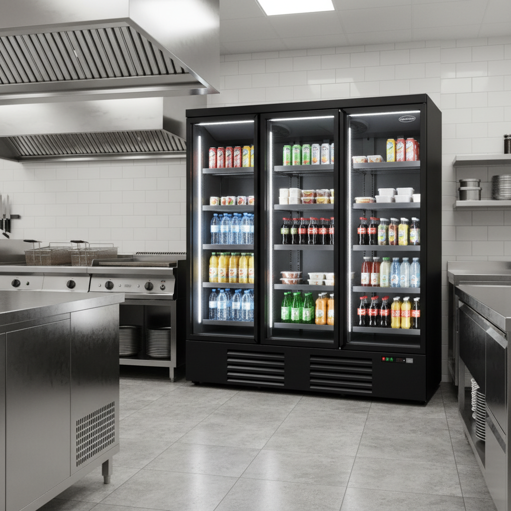 Vitrine réfrigérée professionnelle 4 portes illuminée, ambiance élégante en magasin
