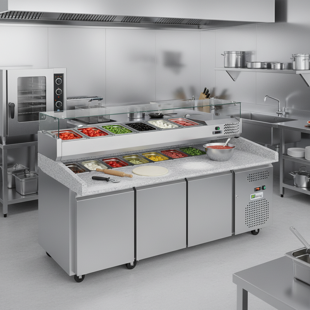 Meuble &agrave; pizza r&eacute;frig&eacute;r&eacute; 3 portes sur roulettes en cuisine professionnelle, plan de travail en granit, ambiance dynamique.