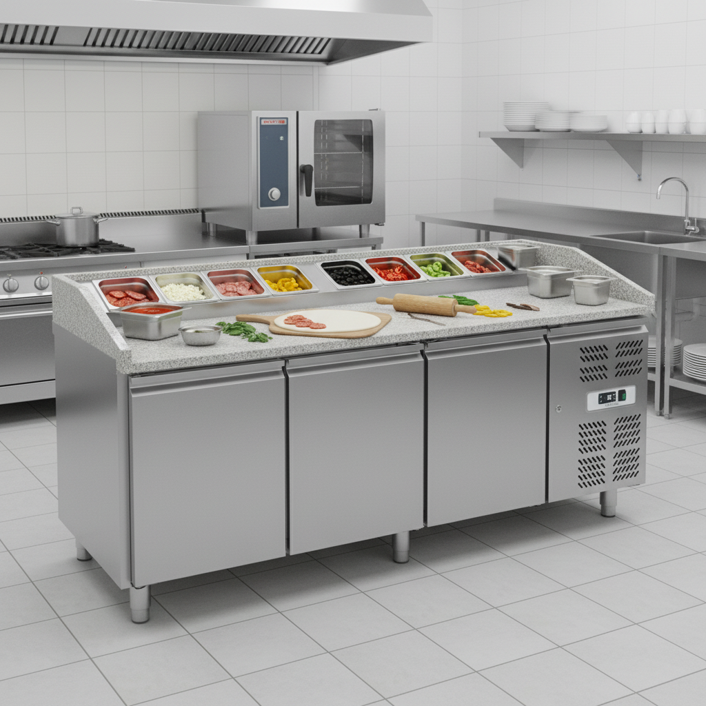Meuble &agrave; pizza r&eacute;frig&eacute;r&eacute; 3 portes en situation professionnelle dans une cuisine de restaurant anim&eacute;e