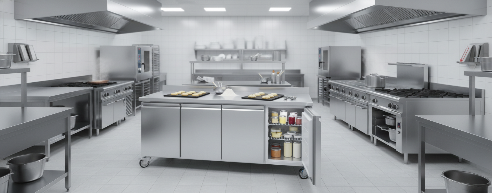 Tour pâtissier réfrigéré professionnel 3 portes avec roulettes, plan de travail inox et ambiance laboratoire