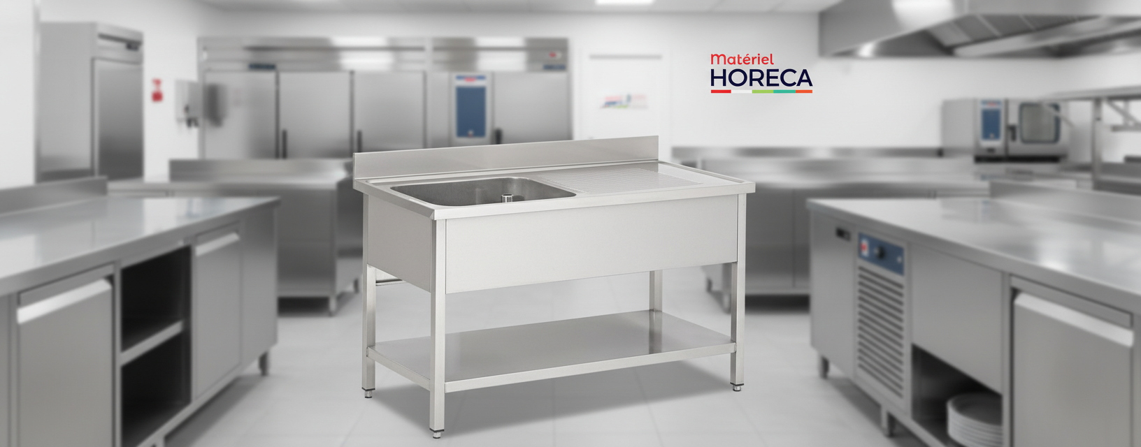 Plonge avec étagère évier à gauche gamme 600 Combisteel 7333.0800 inox pour cuisine professionnelle