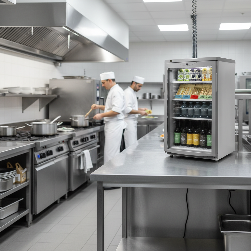 Binnenaanzicht van de Iceshop BC145V 120L koelkast met glazen deur en LED-verlichting
