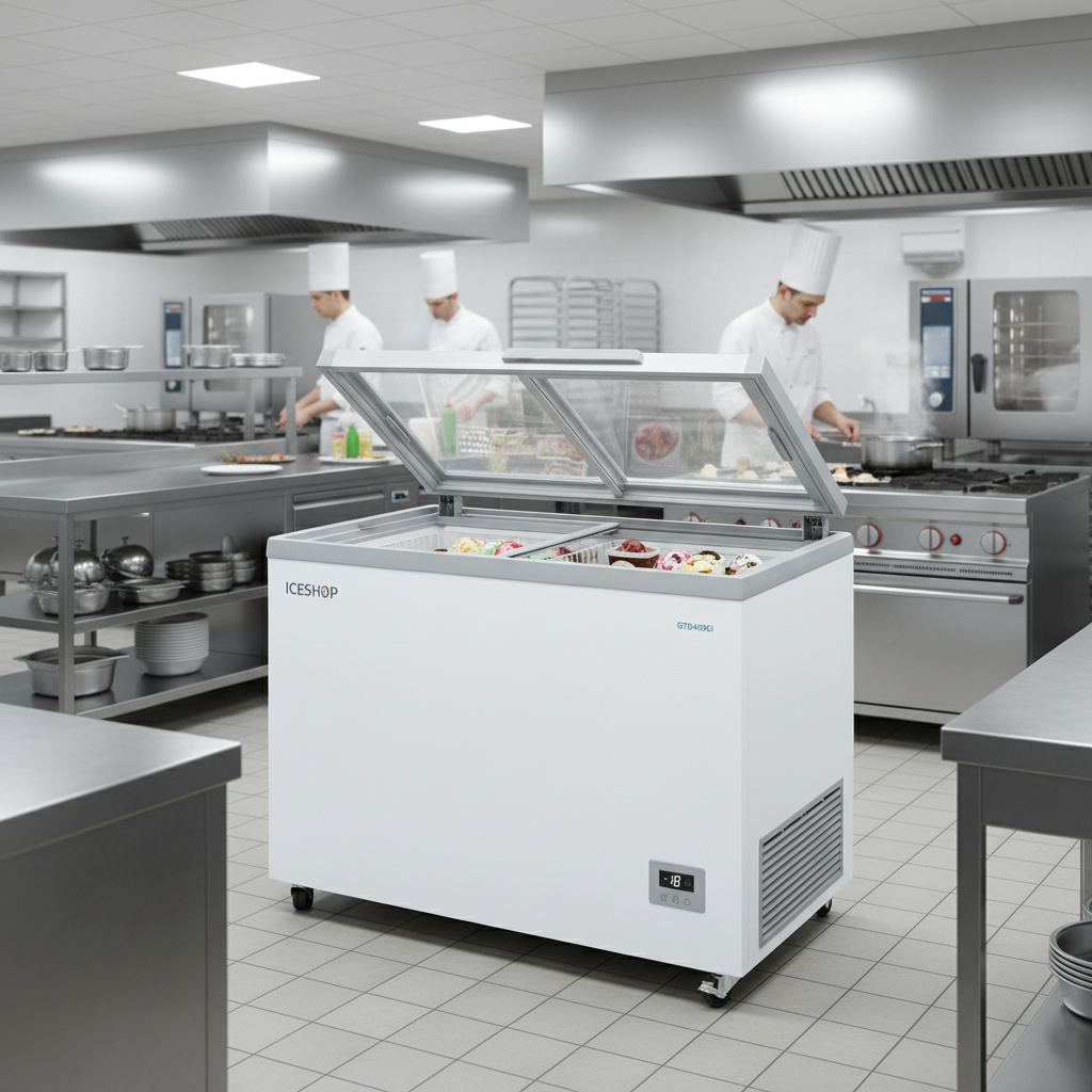 Vue détaillée Congélateur coffre 400L Iceshop GTO400GI pour professionnels HORECA