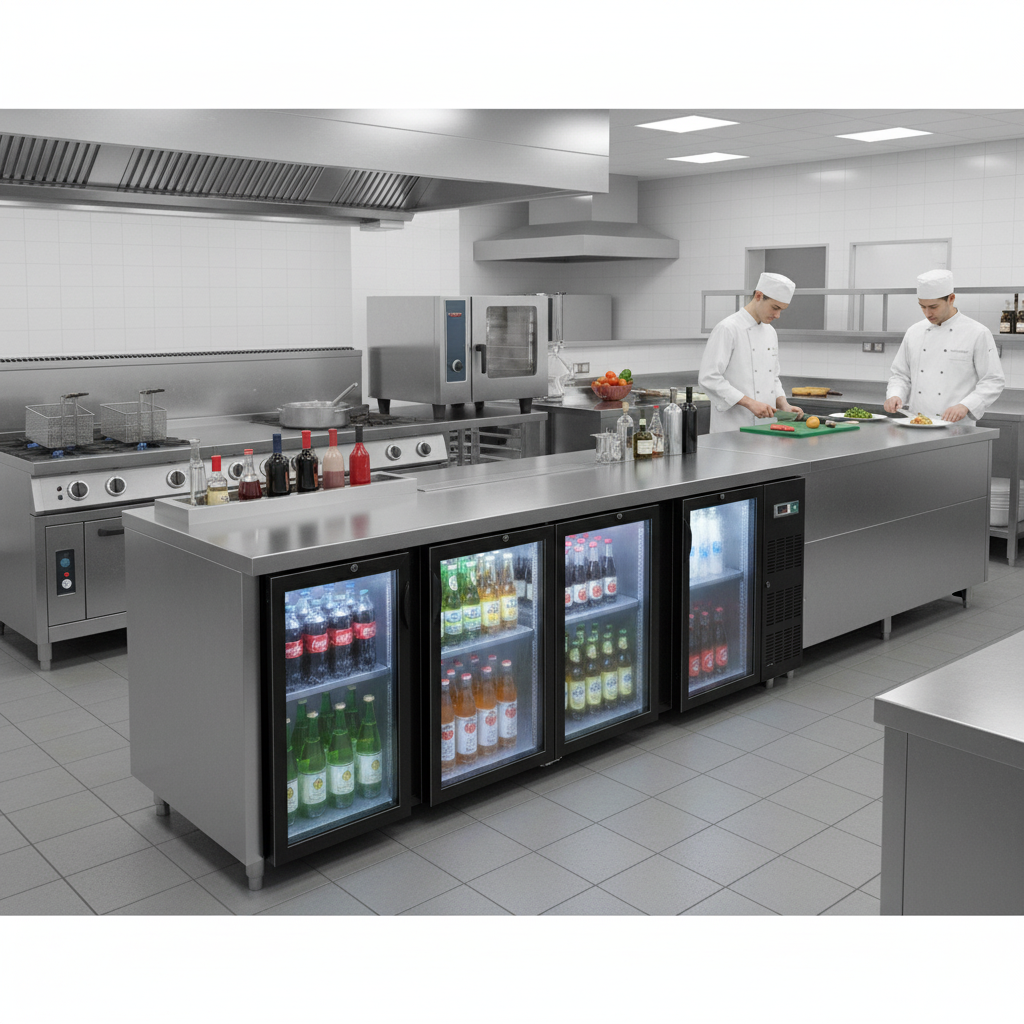 Int&eacute;rieur arri&egrave;re bar SG44 Iceshop 4 portes grilles organisation boissons CHR