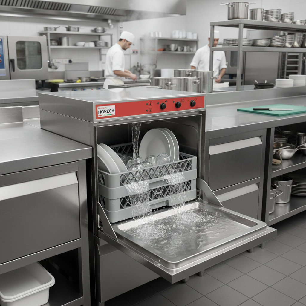 Lave-vaisselle professionnel Materiel Horeca FUDW50-TPV triphasé vue détails paniers et inox
