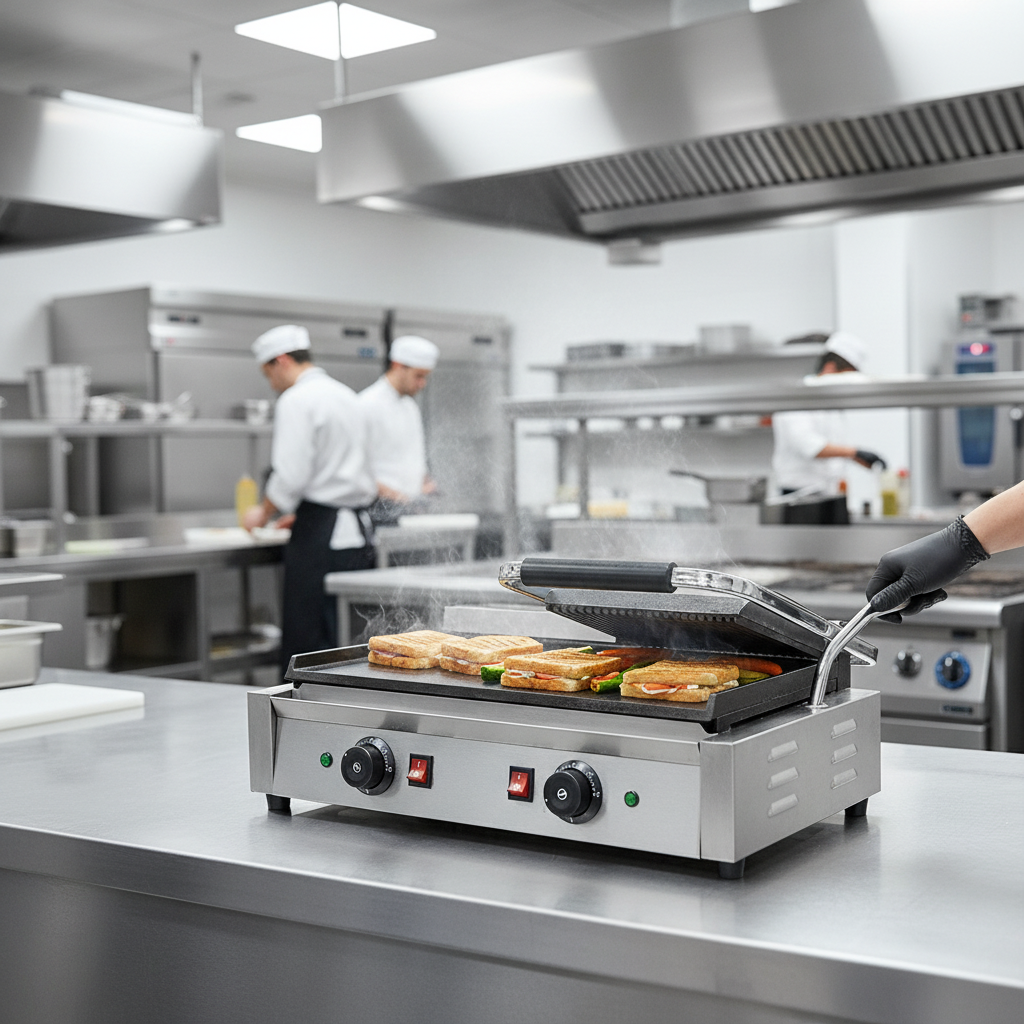 Vue double plaques rainur&eacute;es lisses du grill &eacute;lectrique professionnel GDCG813A Materiel Horeca secteur CHR