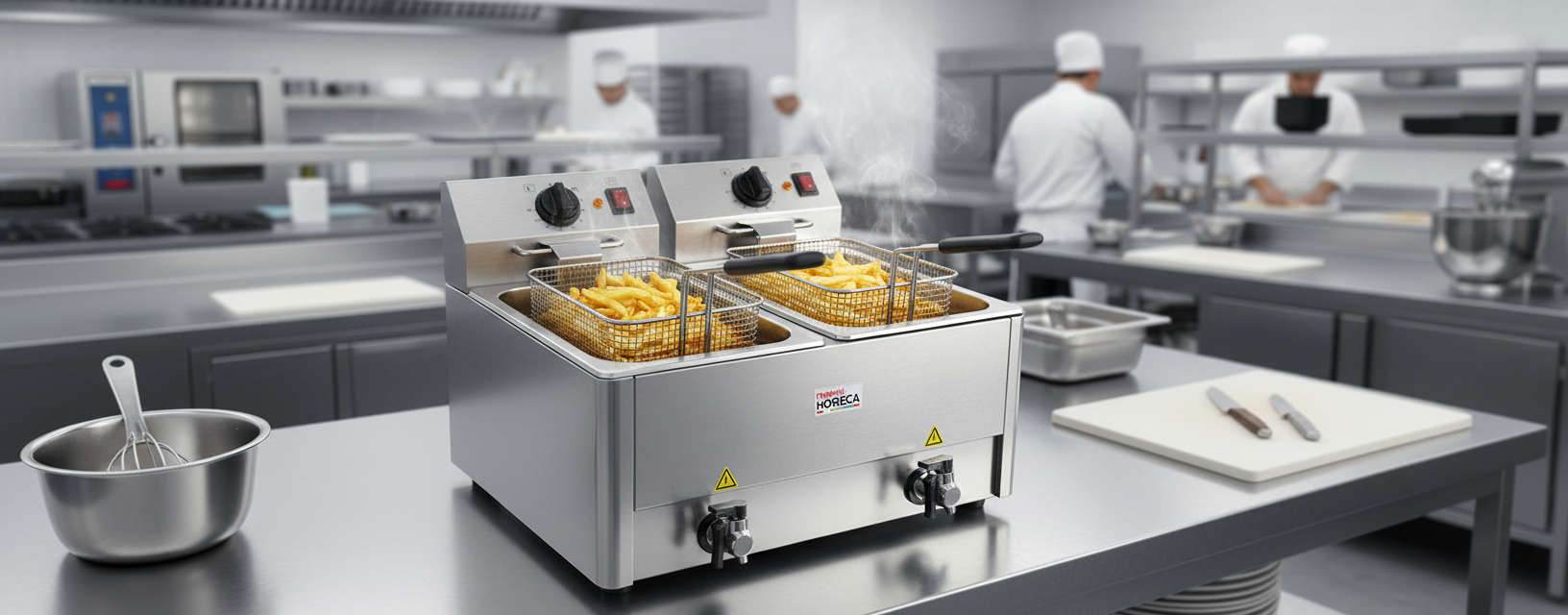 gros plan sur friteuse electrique double inox 8l 2 paniers materiel horeca avec robinet