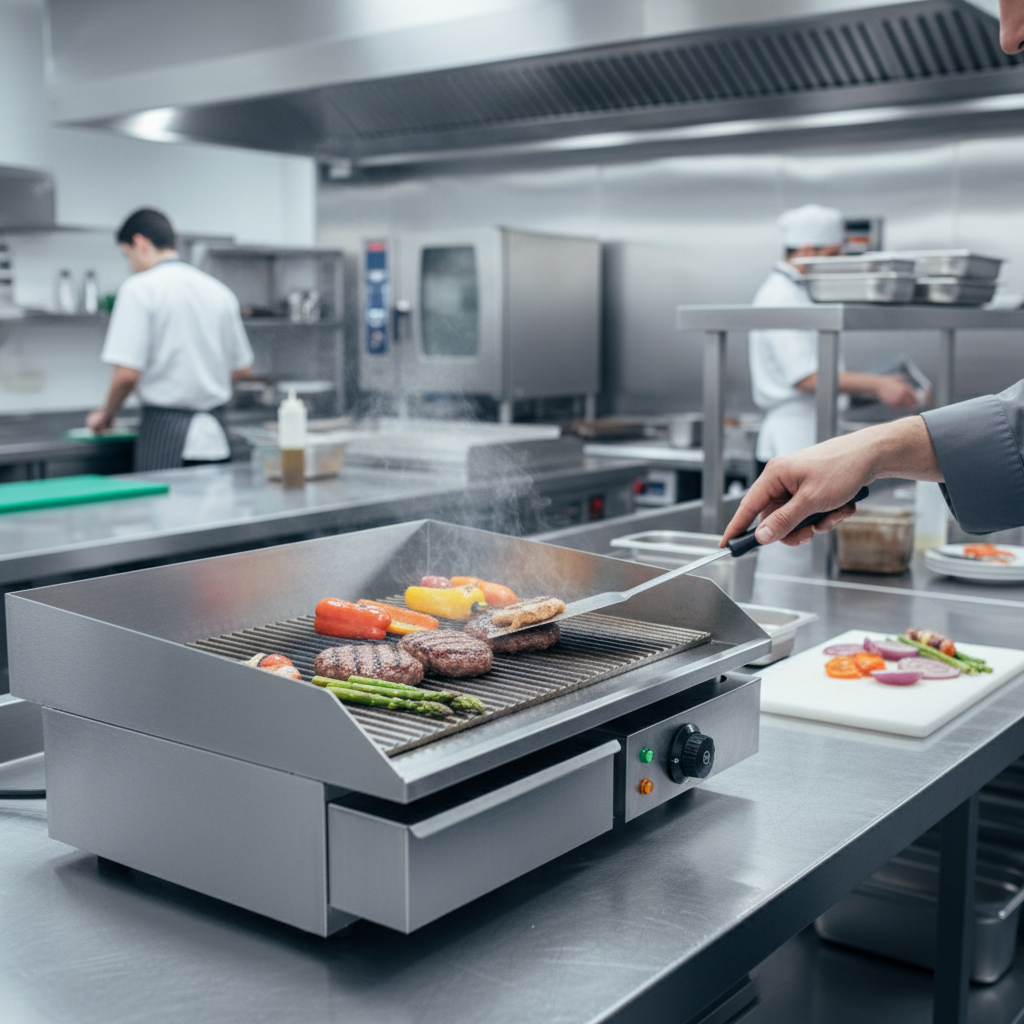 Plaque rainur&eacute;e plancha &eacute;lectrique 3000W Materiel Horeca GDEG821 vue d&eacute;tails techniques professionnels