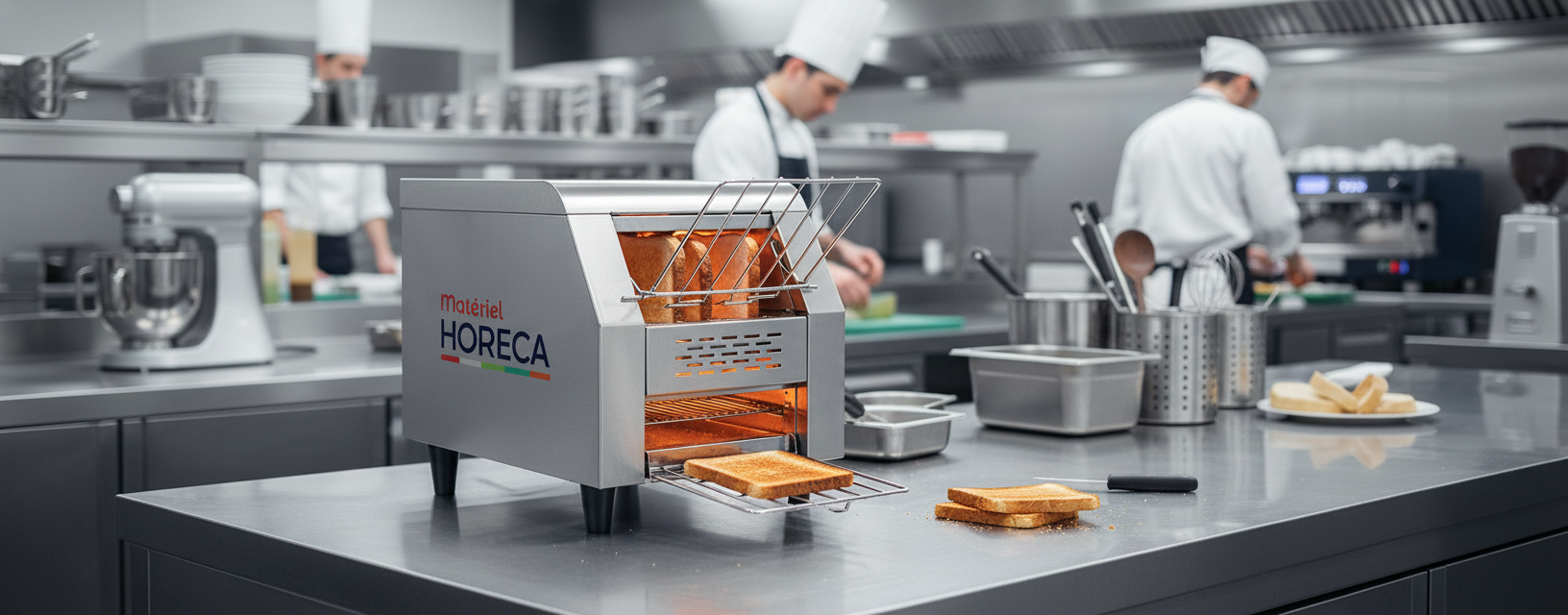 Vue lat&eacute;rale du toaster convoyeur inox Materiel Horeca GDTS150 1300W CHR